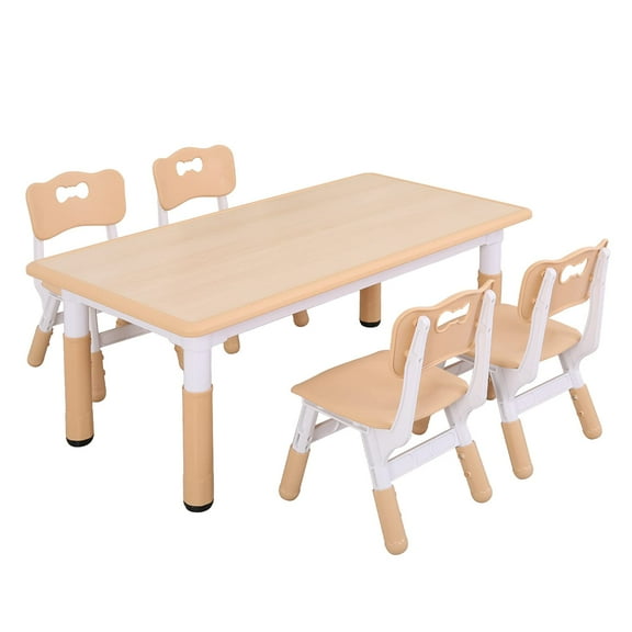UNICOO® Kids Study Table and Chairs Set, Height Adjustable Plastic Children Art Desk with 4 Seats, Kids Multi Activity Table Set (Maple Top + Nature Board)
