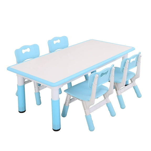 UNICOO® Kids Study Table and Chairs Set, Height Adjustable Plastic Children Art Desk with 4 Seats, Kids Multi Activity Table Set (White Top + Blue Border)