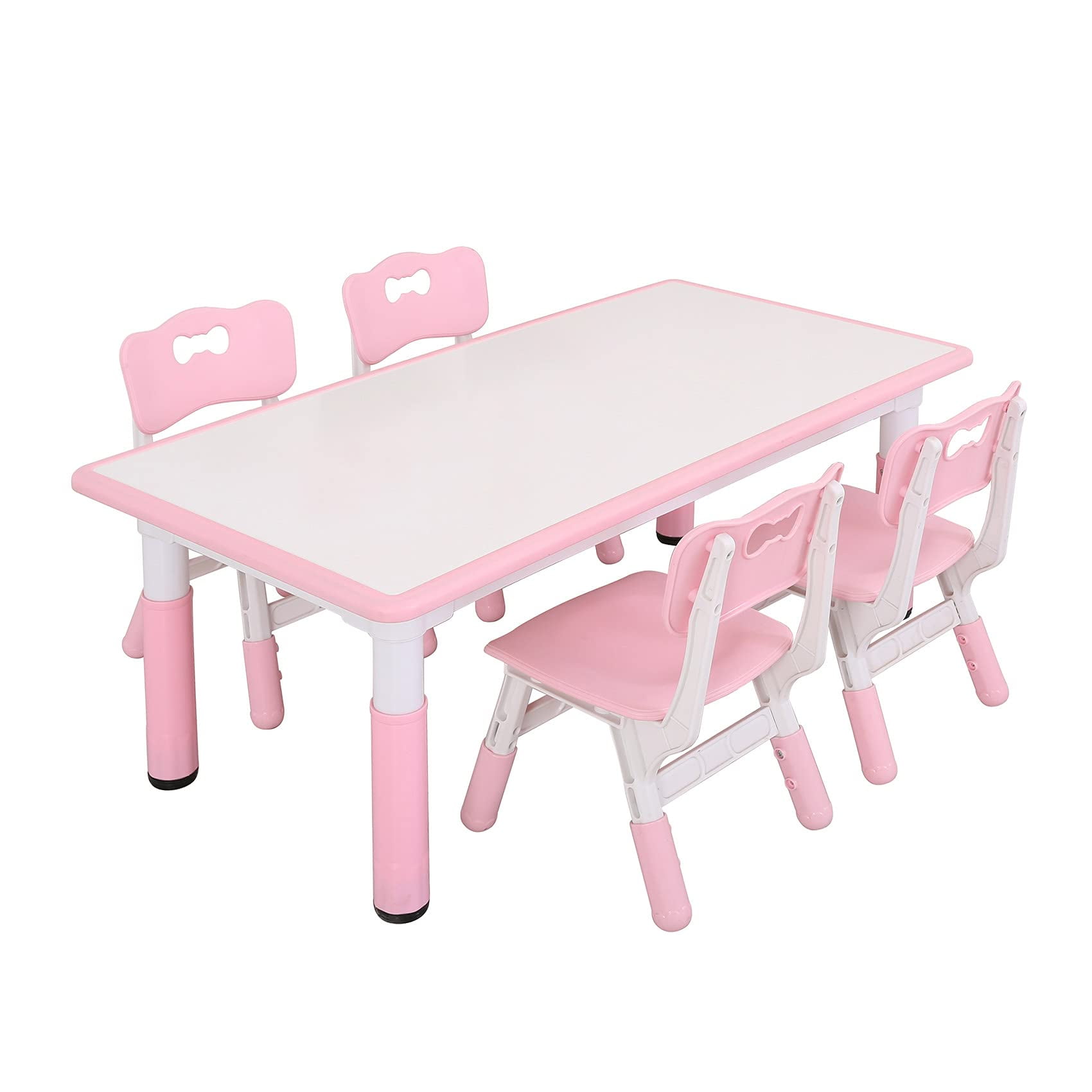 UNICOO® - Kids Study Table and Chairs Set, Height Adjustable Plastic Children Art Desk with 4 Seats, Kids Multi Activity Table Set (White Top + Pink Border)