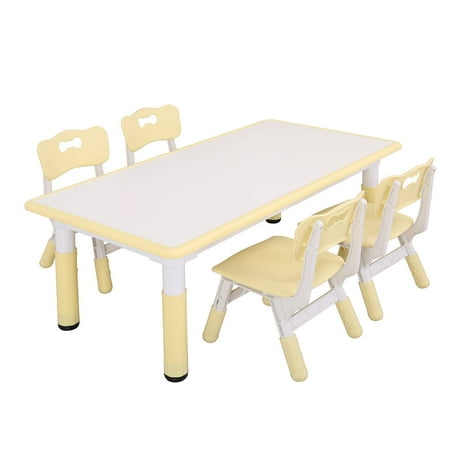 UNICOO® Kids Study Table and Chairs Set, Height Adjustable Plastic Children Art Desk with 4 Seats, Kids Multi Activity Table Set (White Top + Yellow Border)