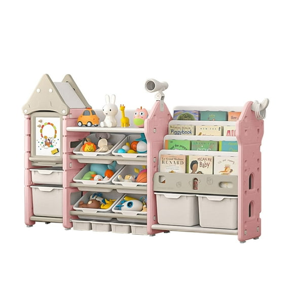 UNICOO® Kids Toy Storage Organizer and Children Bookshelf, with 14 Bins, Pull-Out Drawers Multipurpose Shelf for Toddlers to Organize Toys and Books (Magic Castle ? Pink)