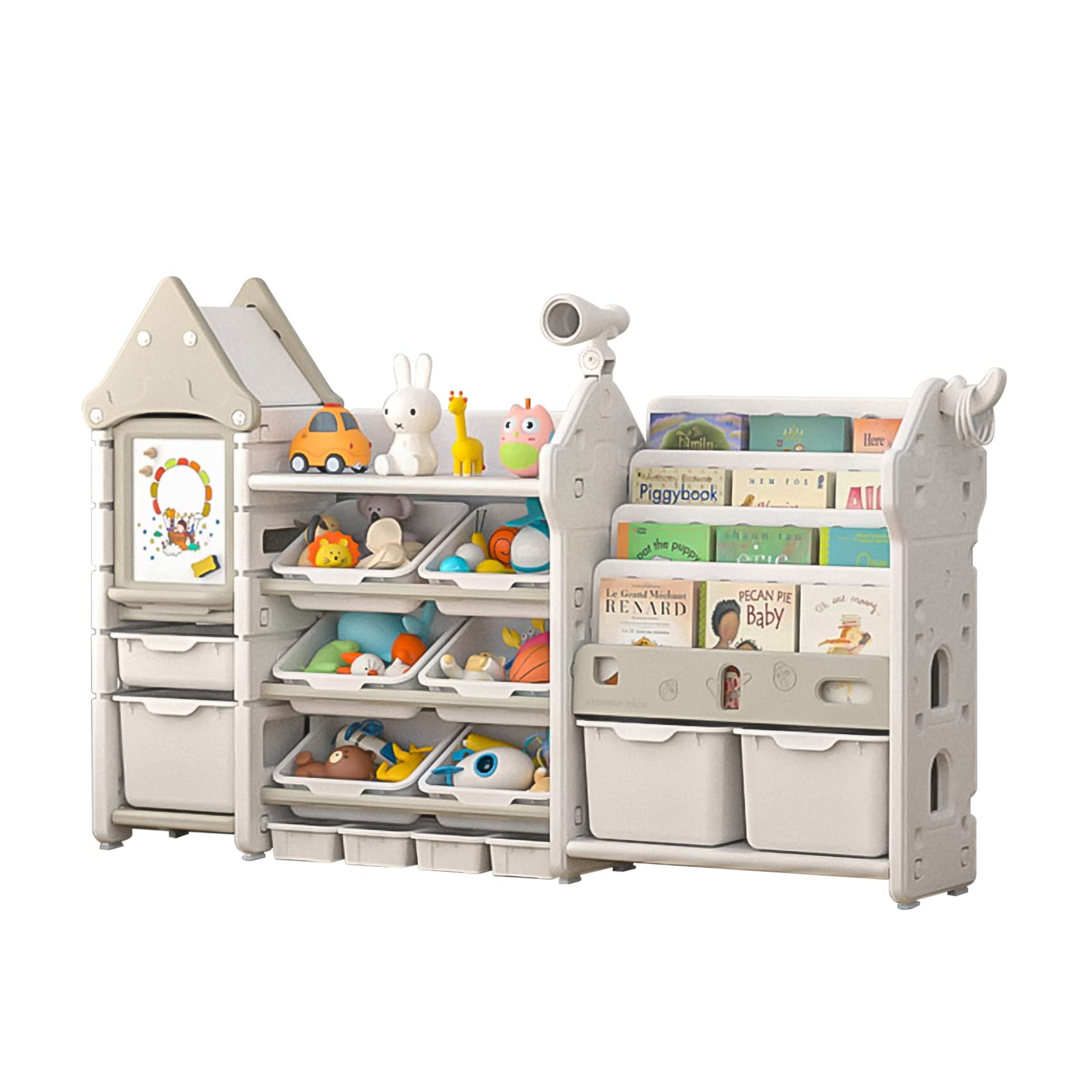 UNICOO® Kids Toy Storage Organizer and Children Bookshelf, with 14 Bins, Pull-Out Drawers Multipurpose Shelf for Toddlers to Organize Toys and Books (Magic Castle ? White)