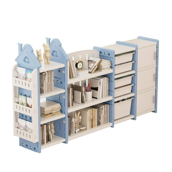 UNICOO® Kids Toy Storage Organizer with Removable Bins, 4-Tier Bookshelf and Cabinet - Pull-Out Drawers Shelf for Toddlers - Space-Saving Solution for Nursery, Playroom, Study Room (Blue)