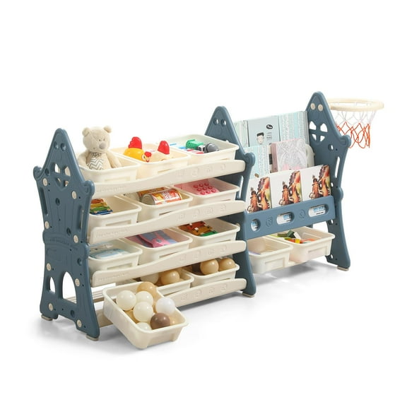 UNICOO® Kids Tree House Design Multifunction Bookshelf and Organizer, 3-Tier Bookshelves with 4-Tier Storage Rack, 14 Storage Bins for Nursery, Playroom, Study Room (Blue & Cream)