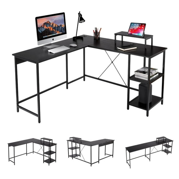 UNICOO® L Shaped Computer Desk, Modern Corner Computer Desks with CPU Stand, L Shaped Game Table with Storage Shelves, Study Writing Desk(SYK-03-L-B) Black