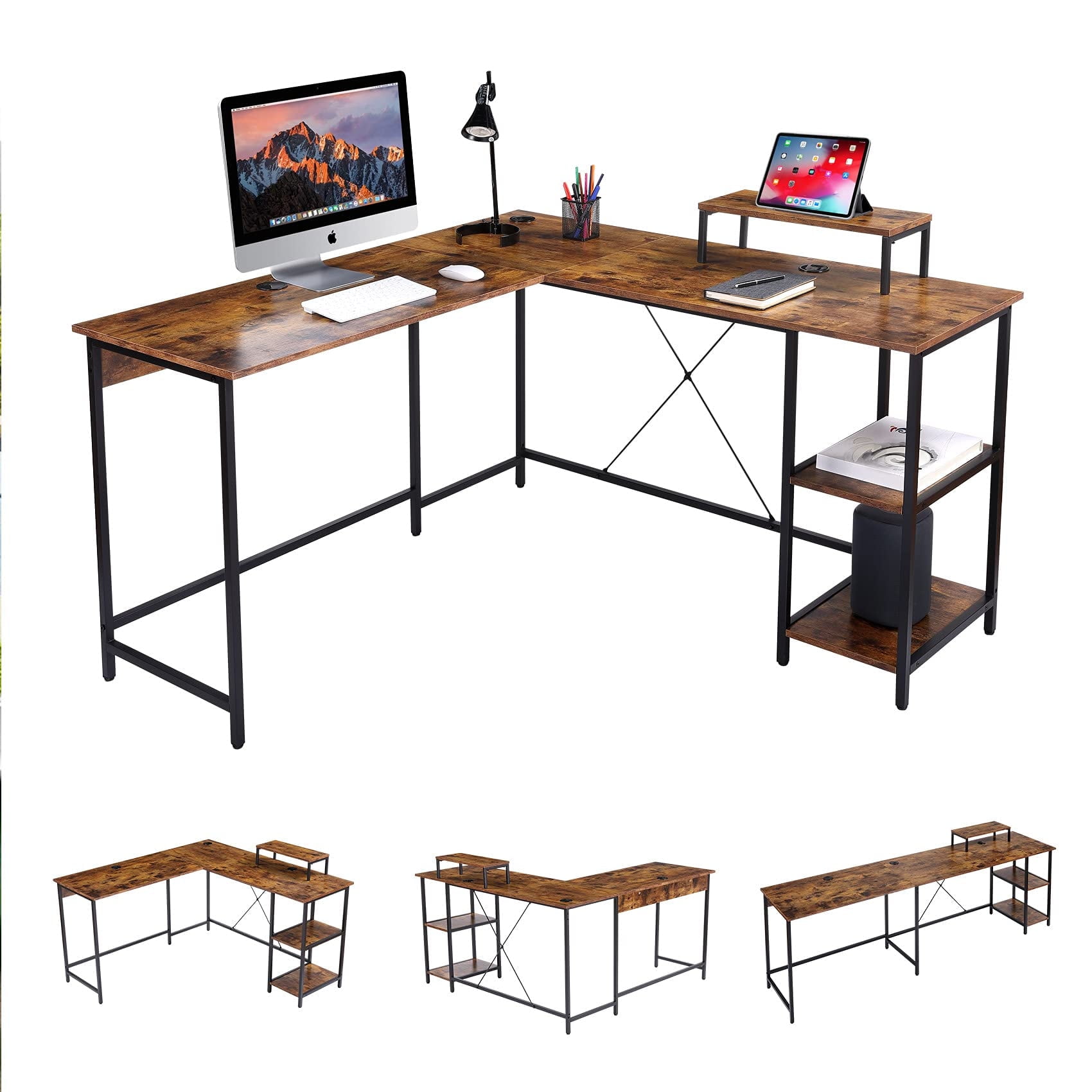 UNICOO® L Shaped Computer Desk, Modern Corner Computer Desks with CPU Stand, L Shaped Game Table with Storage Shelves, Study Writing Desk (SYK-03-L-RB) Rustic Brown
