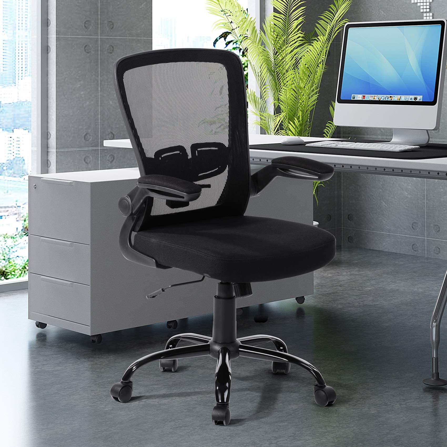 UNICOO® Mid Back Mesh Computer Chair, Office Task Desk Chair, Swivel Home Comfort Chairs with Padded Flip-up Armrests and Adjustable Lumbar Support (RY-N-01-Black)