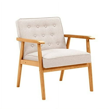 UNICOO® Mid-Century Retro Modern Solid Wood Armrest Accent Chair, Fabric Upholstered Wooden Lounge Chair (Beige) U205-1-BE
