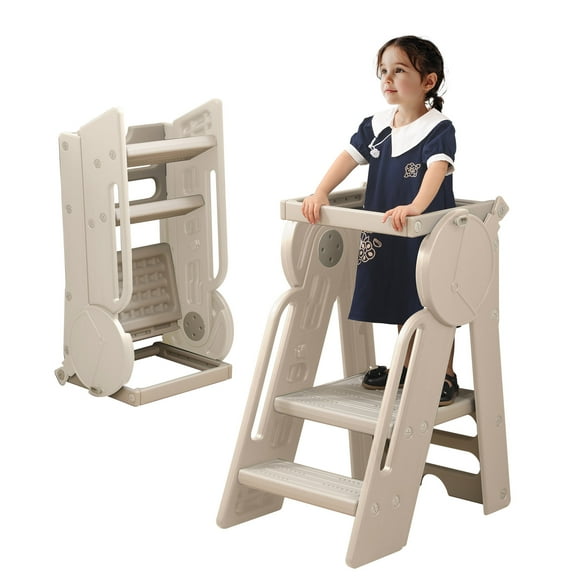 UNICOO® Montessori Foldable Toddler Tower & Ladder, Kitchen Step Stool, Folding Toddler Learning Stool with Adjustable Guardrail, Toddler Step Stool for Kitchen (Beige)