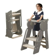 UNICOO® Montessori Foldable Toddler Tower & Ladder, Kitchen Step Stool, Folding Toddler Learning Stool with Adjustable Guardrail, Toddler Step Stool for Kitchen (Dark Gray)
