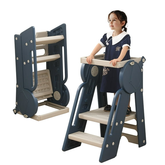 UNICOO® Montessori Foldable Toddler Tower & Ladder, Kitchen Step Stool, Folding Toddler Learning Stool with Adjustable Guardrail, Toddler Step Stool for Kitchen (Dark Blue)