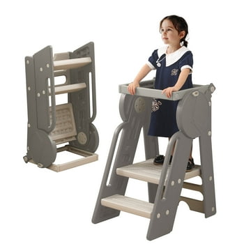 UNICOO® Montessori Plastic Foldable Toddler Tower & Ladder, Kitchen Step Stool, Folding Toddler Learning Stool with Adjustable Guardrail, Toddler Step Stool for Kitchen (Dark Gray)