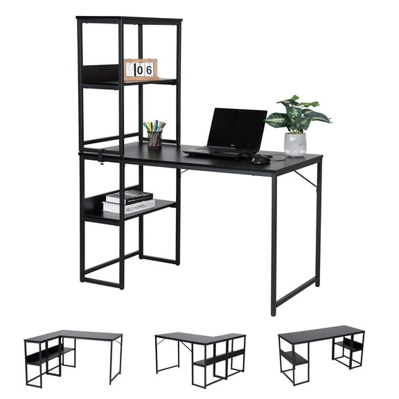 UNICOO® Multi-Function 3 Combination Computer Desk. L Shaped Computer Desk with Shelves, Study Desk with Reversible Storage Shelves for Home Office (XJH-2402 Black)