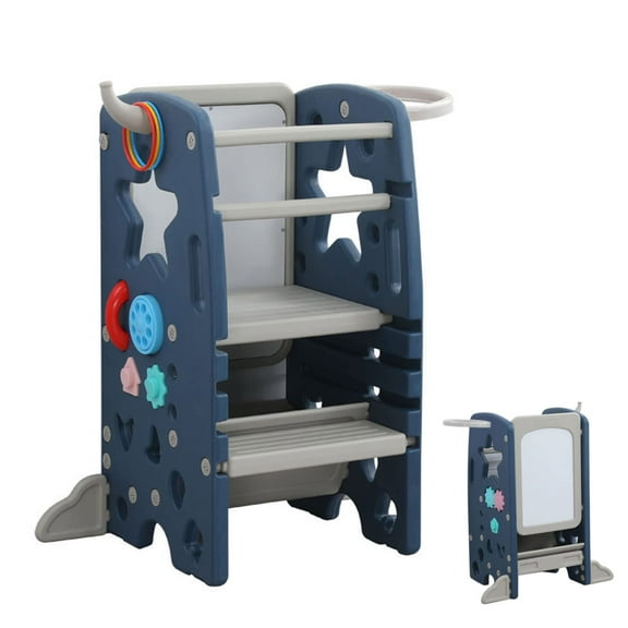 UNICOO® Multifunctional Kids Step Stool with Double Safety Rails, Height Adjustable, Toddler Tower for Kitchen Countertop and Bathroom with Big Drawing Board & Games (OMLT-Dark Blue)