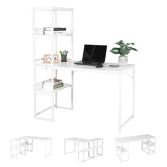 UNICOO® Muti-Function 3 Combination Computer Desk. L Shaped Computer Desk with Shelves, Study Desk with Reversible Storage Shelves for Home Office (XJH-2402 - White)