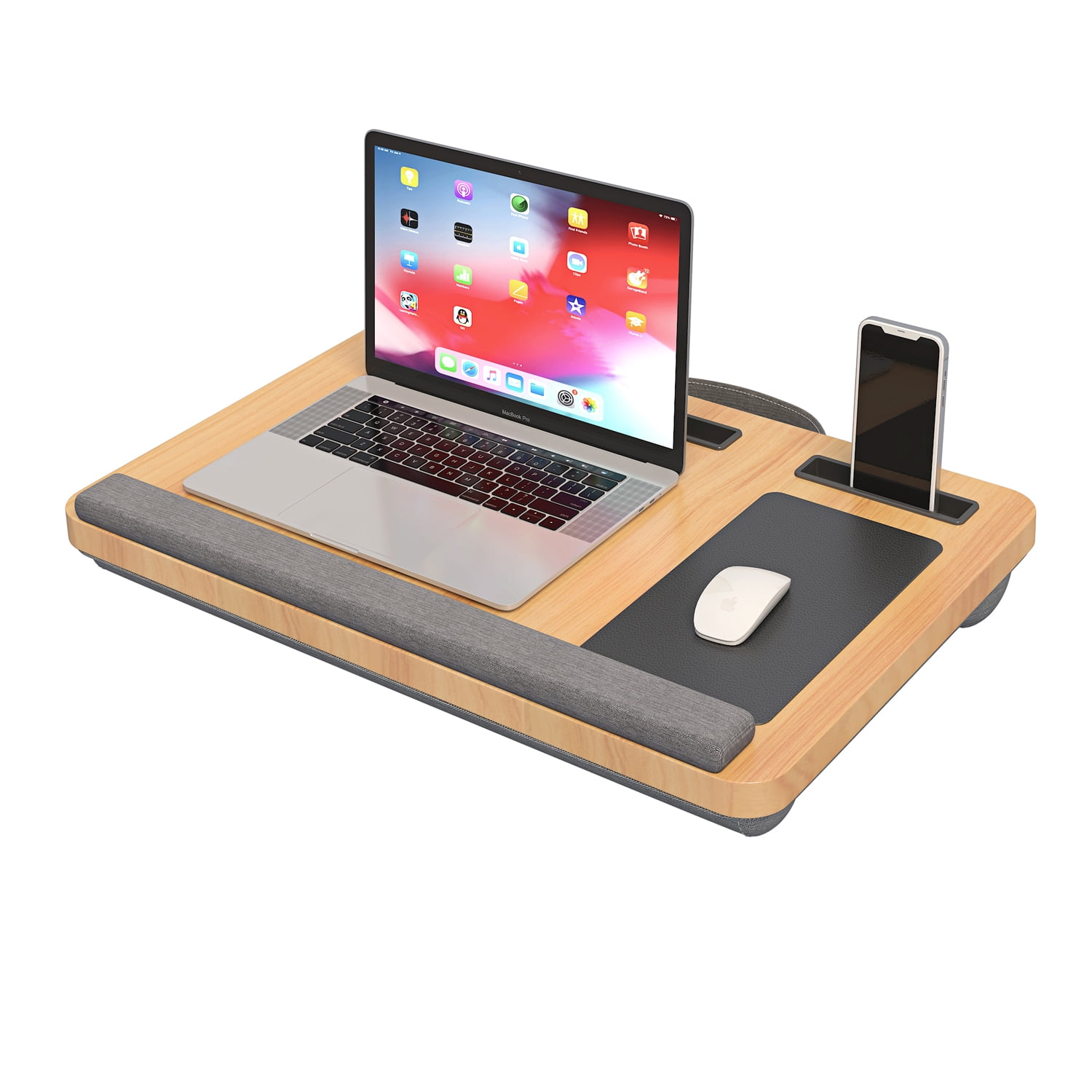 UNICOO Portable Lap Desk with Pillow Cushion, Fits 15.6" Laptop – Anti-Slip Strip, Storage Slot, Ergonomic Laptop Stand for Bed, Couch, or Home Office | Students, Home Office, or Travel (Maple)