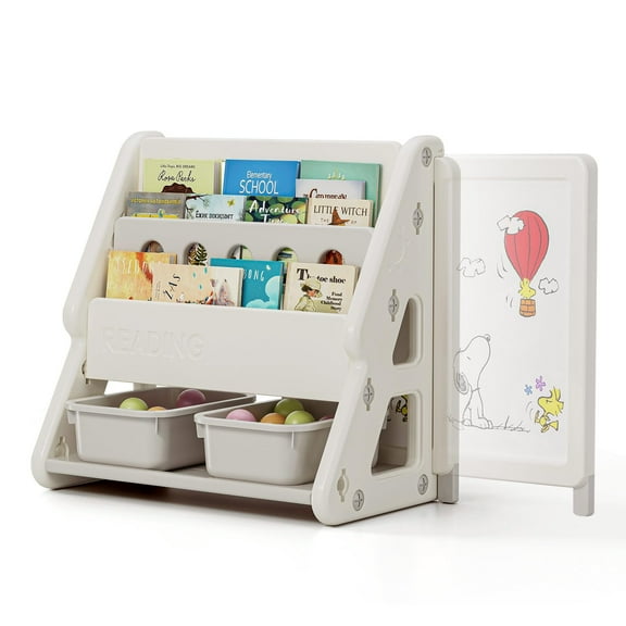 UNICOO® Toddler 3 in 1 Art Board Bookshelf and Organizer, 2-Tier Bookshelves with Storage Rack & Bins, Retractable Drawing Board, Lightweight & Compact for Nursery, Playroom(Grey & White)