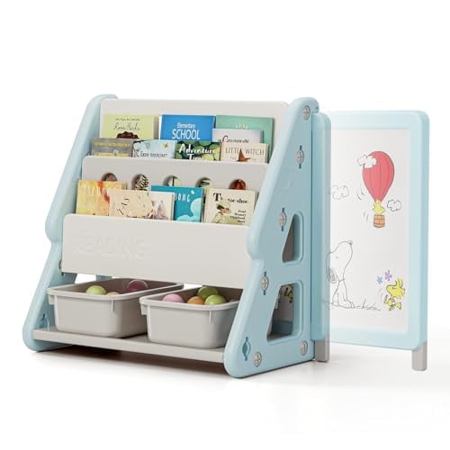 UNICOO® Toddler 3 in 1 Art Board Bookshelf and Organizer, 2-Tier Bookshelves with Storage Rack & Bins, Retractable Drawing Board, Lightweight & Compact for Nursery, Playroom(Blue & White)