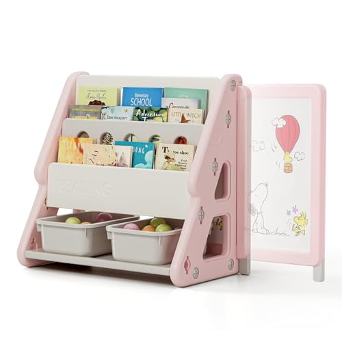 UNICOO® Toddler 3 in 1 Art Board Bookshelf and Organizer, 2-Tier Bookshelves with Storage Rack & Bins, Retractable Drawing Board, Lightweight & Compact for Nursery, Playroom (Pink & White)