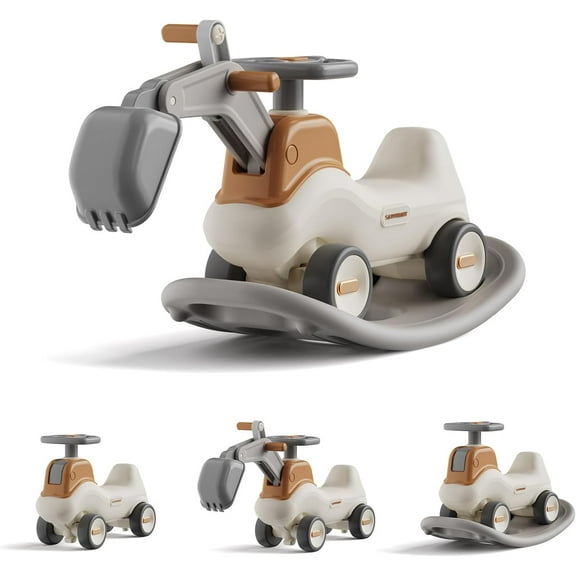 UNICOO Toddler 4-in-1 Excavator Rocker n Ride, Ride-On Bike with Detachable Balance Board, Smooth Wheels & Movable Excavator Arm for Digging, 18-72 Months, Indoor Outdoor Play (Gray & White)