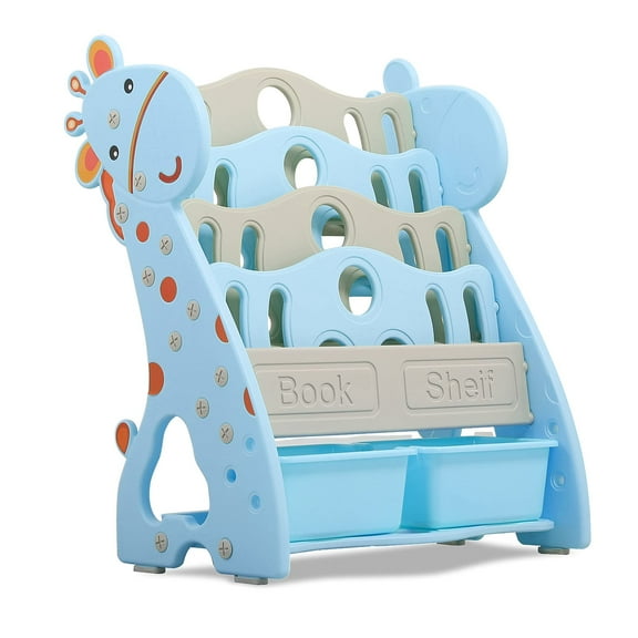 UNICOO Toddlers Plastic Multi-Layer Bookshelf for Child's Bedroom Playroom, Toy Storage Organizers with 2 Storage Boxes, Children Bookshelf (Light Blue)