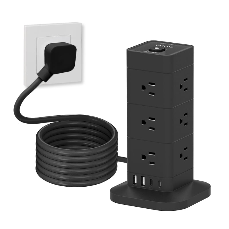 UNICOO® Tower Power Strip, Surge Protector Outlet Tower with 12 AC & 2 USB Ports, 2 USB-C, 6.5 Ft Cord, 16-in-1 Charging Station Power Tower with USB Ports, Compact Flat Plug