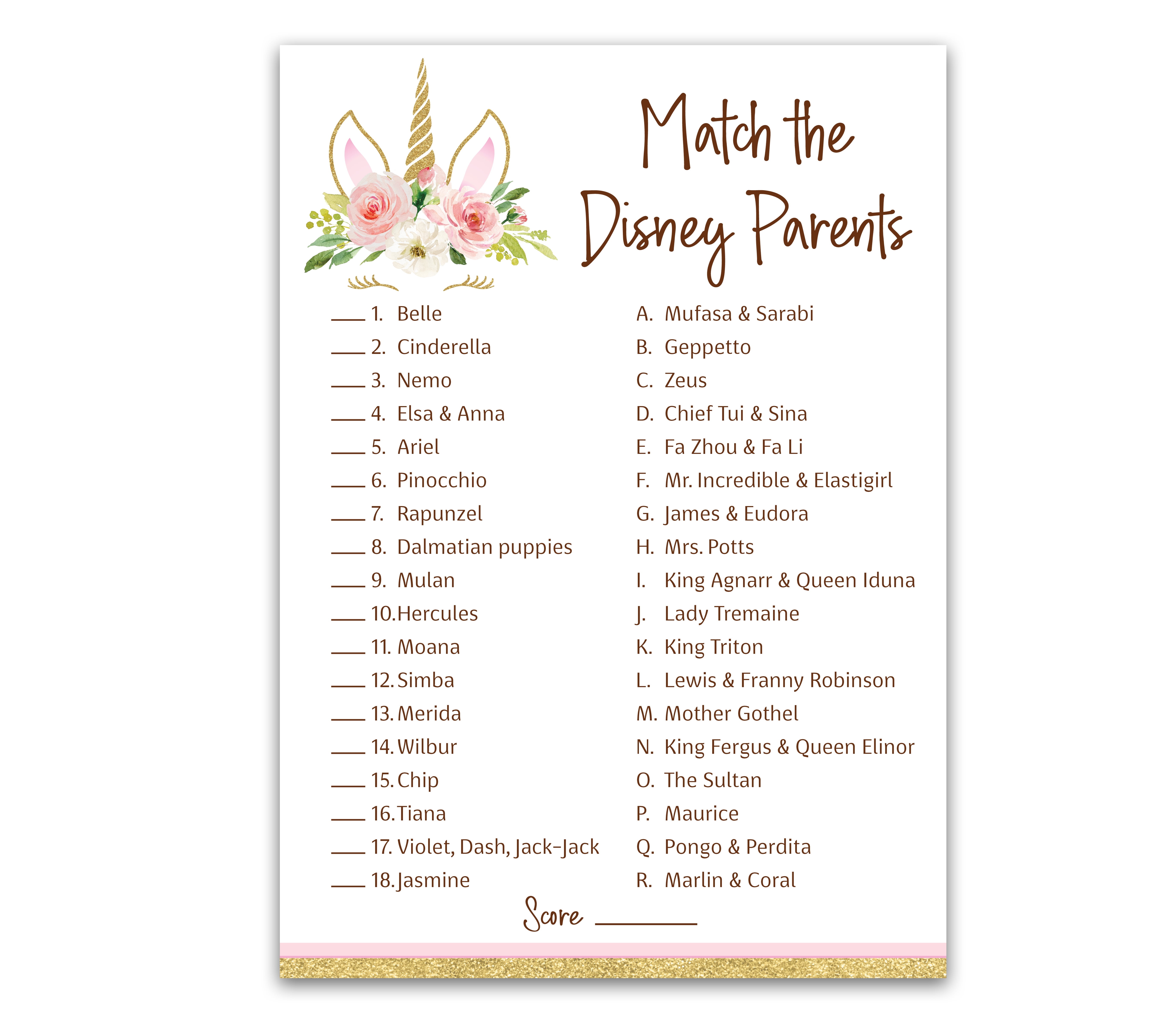 UNICORN Match Disney Parents Baby Shower Games Pack of 25 Pink GIRL Baby Shower Game, Magical theme Match Famous Disney Parents Fun Co-ed Shower Activity, Disney Star Kids Match Game G640-DPM