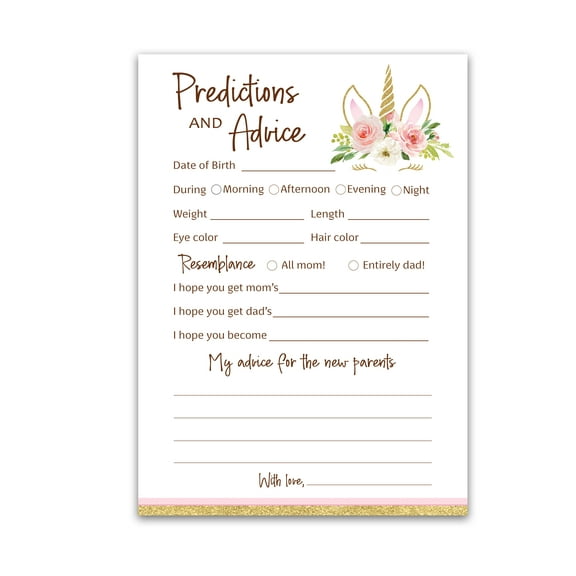 UNICORN Prediction and Advice Cards for Girls - Pack of 25 - Pink Girl Baby Shower Games, Wishes for New Parents, Mom & Dad to be, Mommy and Daddy Message, Game Activity Keepsake Book G640-PDAV