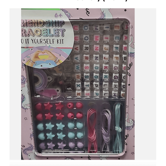UNICORN TIN WITH FRIENDSHIP BRACELET D.I.Y. KIT FEATURING LETTER, STAR, HEART, ROUND BEADS AND CHARMS