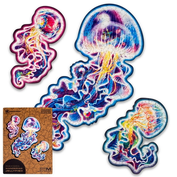 UNIDRAGON Original Wooden Jigsaw Puzzles - Wandering Jellyfish, 227 pcs, Medium 12.6"x12.6", Beautiful Gift Package, Unique Shape Best Gift for Adults and Kids