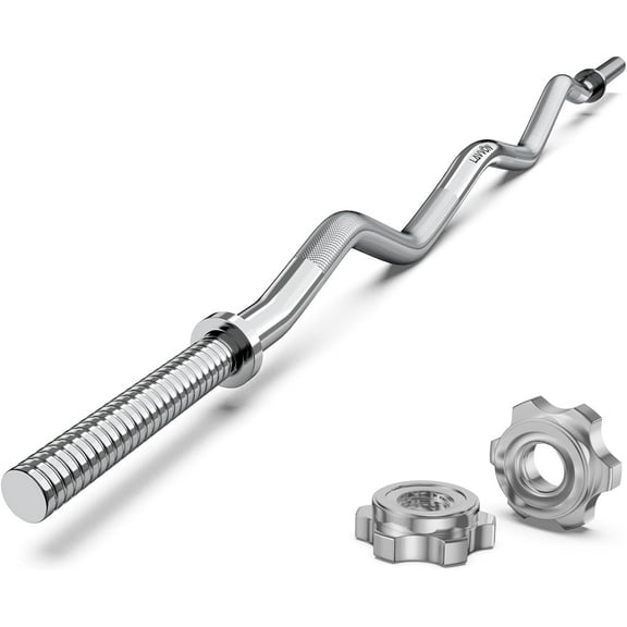 UNIFULL 47" EZ Curl Bar Weight Lifting Bar with Star Collars, 1-inch Weight Plates for Hip Thrusts/Squats/Lunges, Silver