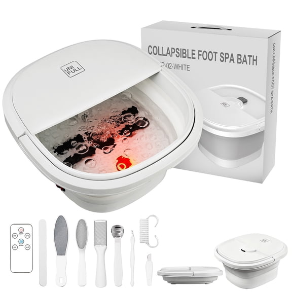 UNIFULL Foot Spa Bath with Heat and Temperature Control, Massager Roller, Bubble, Remote Control, Pedicure Kit, Red Light, Large Heating Foot Bath-White