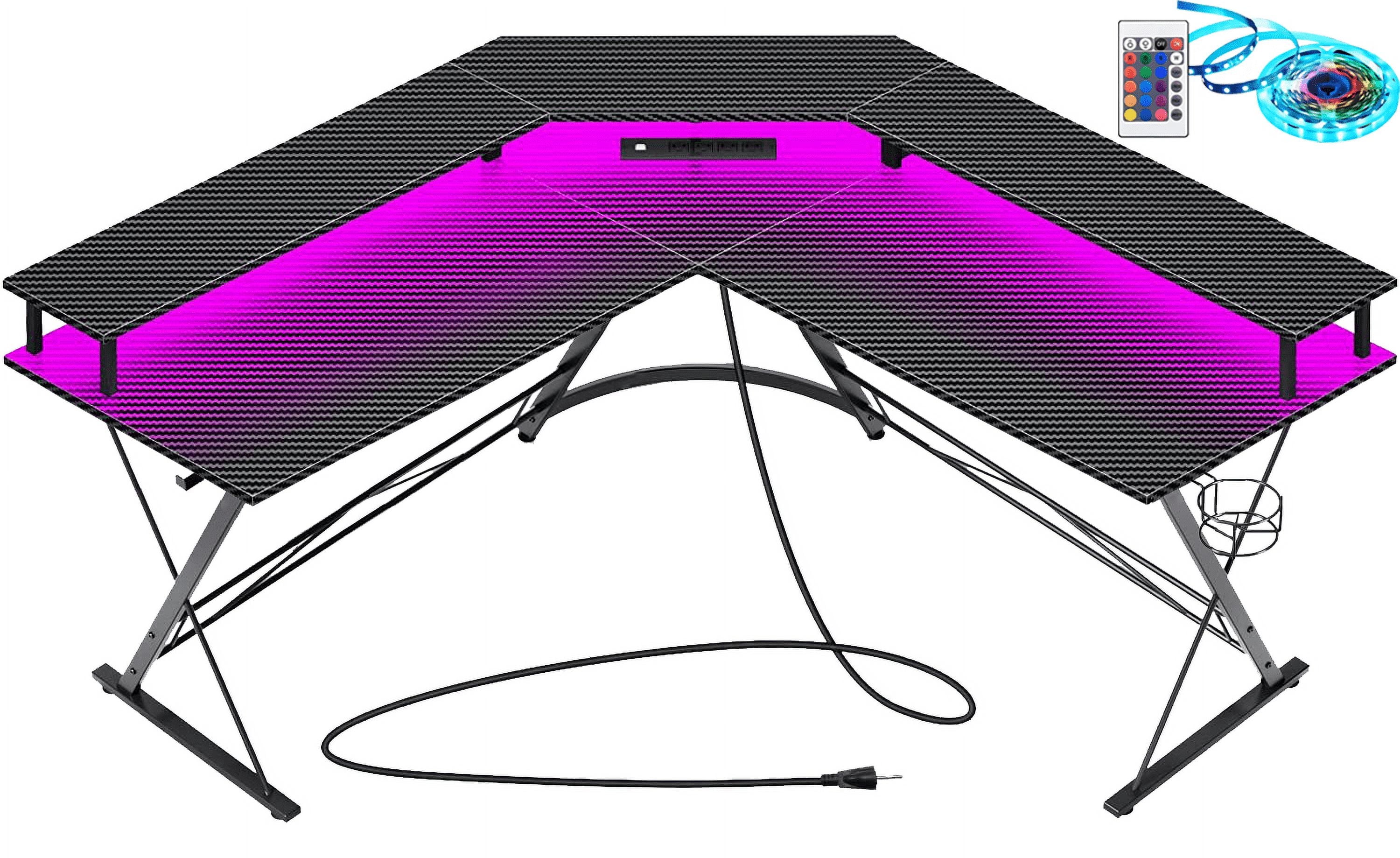 UNIFULL L Shaped Gaming Desk with LED Lights & Power Outlets,50.4 Computer Desk with Monitor Stand & Carbon Fiber Surface,Corner Desk with Cup Holder,Gaming Table with Hooks,Black