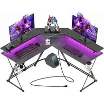 UNIFULL L Shaped Gaming Desk with LED Lights & Power Outlets,50.4” Computer Desk with Monitor Stand & Carbon Fiber Surface,Corner Desk with Cup Holder,Gaming Table with Hooks,Black
