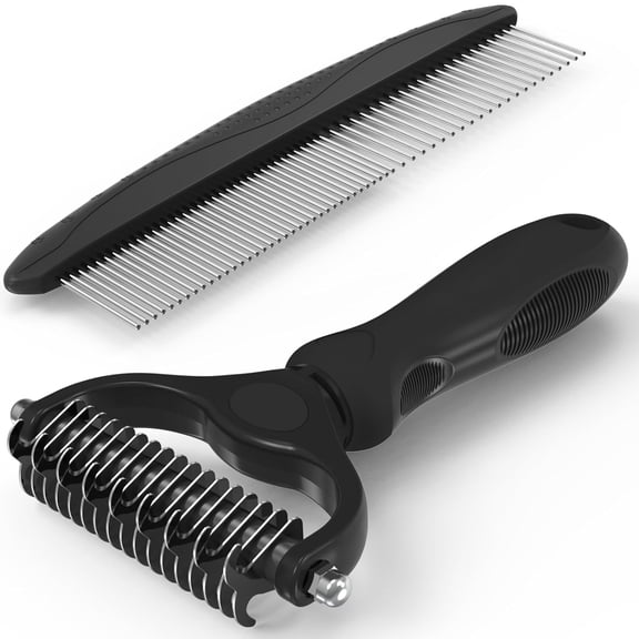 UNIFULL Pet Grooming Brush and Metal Comb Set, Cat and Dog Brush for Shedding, Dematting and Deshedding Brush - Dogs' Shedding Tool for Long and Matted Haired Pets, Black