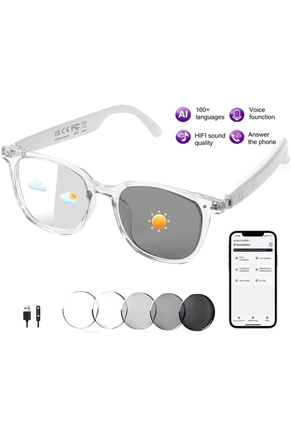 Smart Glasses for Women Men, Bluetooth Glasses with Photochromic Lenses Touch Control Voice Assistant for Clear Audio Remote Photography, Perfect for Indoor Outdoor, White