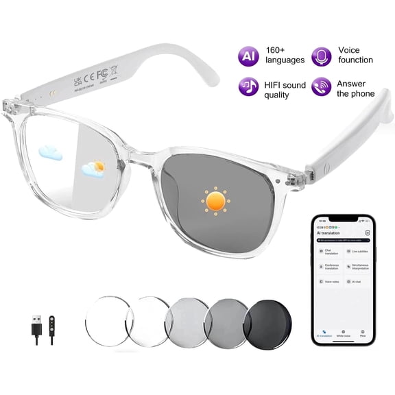 UNIFULL Smart Glasses for Women Men, Bluetooth Glasses with Photochromic Lenses Touch Control Voice Assistant for Clear Audio Remote Photography, Perfect for Indoor Outdoor, White