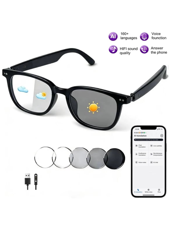 Smart Glasses for Women Men, Bluetooth Glasses with Photochromic Lenses Touch Control Voice Assistant for Clear Audio Remote Photography, Perfect for Indoor Outdoor, Black