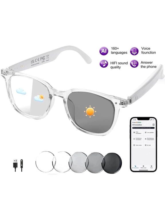 Smart Glasses for Women Men, Bluetooth Glasses with Photochromic Lenses Touch Control Voice Assistant for Clear Audio Remote Photography, Perfect for Indoor Outdoor, White