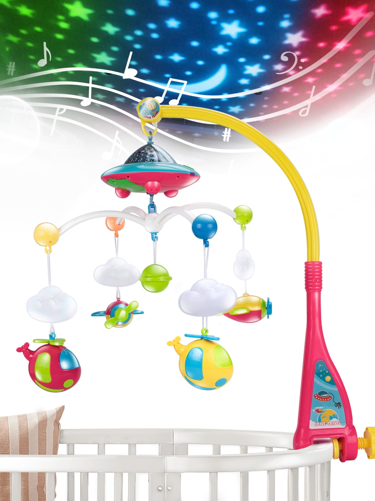 Baby Musical Crib Mobile with Light and 108 Melodies Music Box,Star  Projector Function, Remote Control and Hanging Airplane Rattles  Rotating,Gift Toy