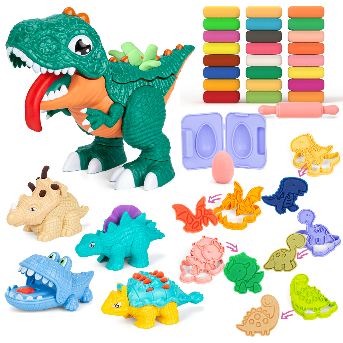 5 Color dough Sets for Toddlers Dinosaur World, 6 Dino Color dough Tools  for Boys Girls 4-8 