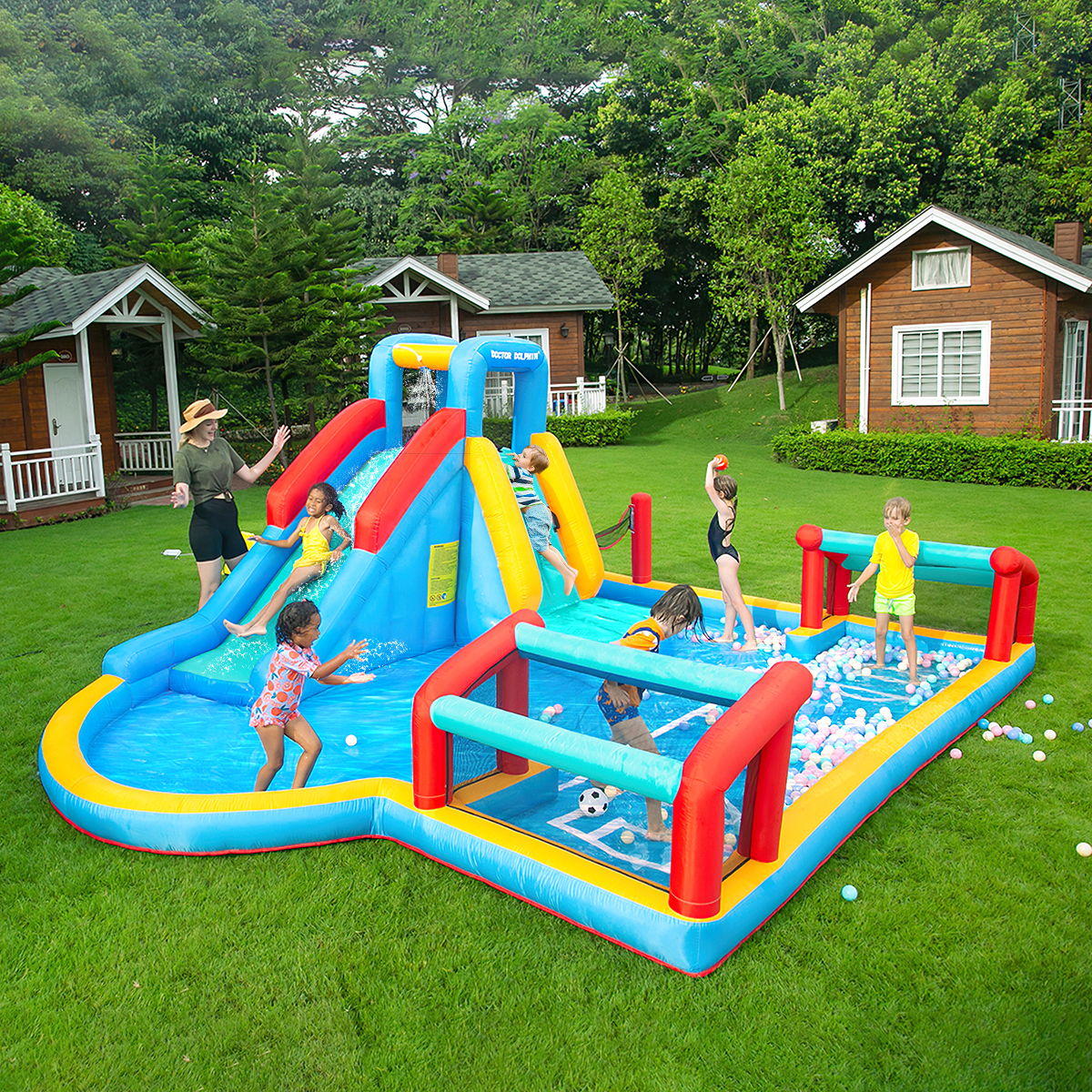 Inflatable Pool Stakes UNIH Jump 'n Slide Inflatable Bouncer Park with Soccer Valleyball Pool ...