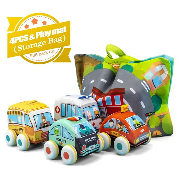 UNIH Soft Pull-Back Vehicle Car Baby Toys for 1 2 3 Year Old Boys Girls