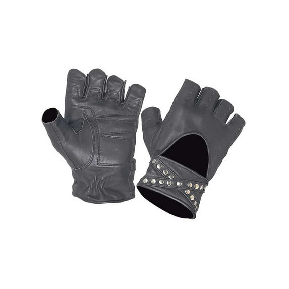 UNIK Women's Studded Fingerless Cowhide Leather Motorcycle Gloves - Black (S)