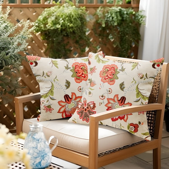 UNIKOME 18x18 in Orange Floral Polyester Throw Pillow, Waterproof Set of 2