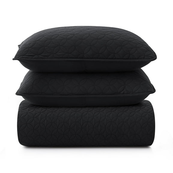 UNIKOME Lightweight 3 Piece Microfiber Coverlet Set Quilted Design, Black, Full/Queen