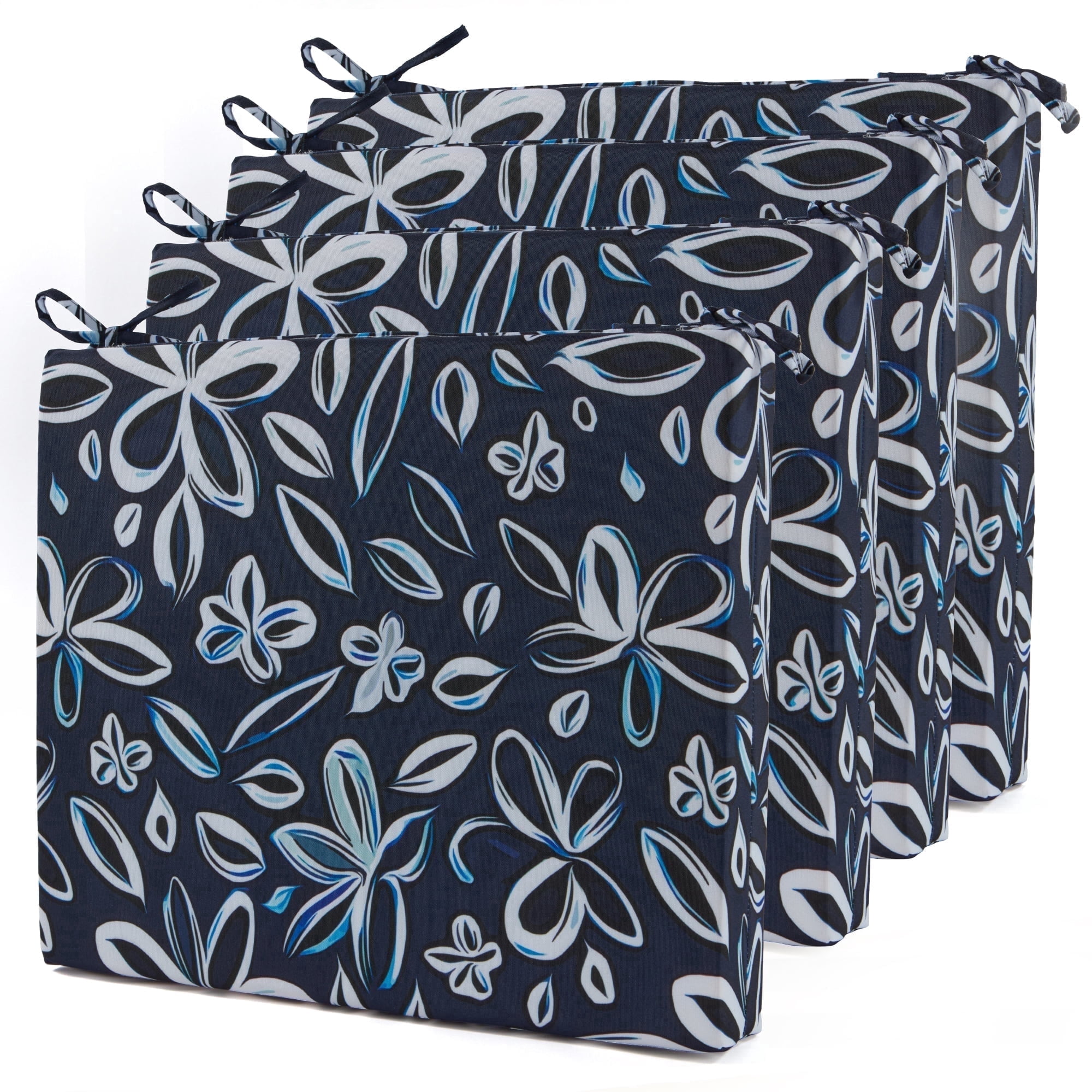 UNIKOME 4-Pack Outdoor Patio Seat Cushions, Water-Resistant High-Density Foam, 18.5 x 16 x 3 inch, Blue Floral