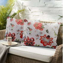 UNIKOME Outdoor Waterproof Pillows Set of 2, Outdoor Decorative Feather Down Throw Pillow Embroidery Printed Floral Decor Pillow Inesrts for Sofa Couch Patio Seat , 12x20 Inch, Orange Floral