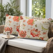 UNIKOME 2-Pack Outdoor Throw Pillows, Waterproof Embroidered Floral Design, Feather Down Fill, 12 x 20 inch, Orange Floral