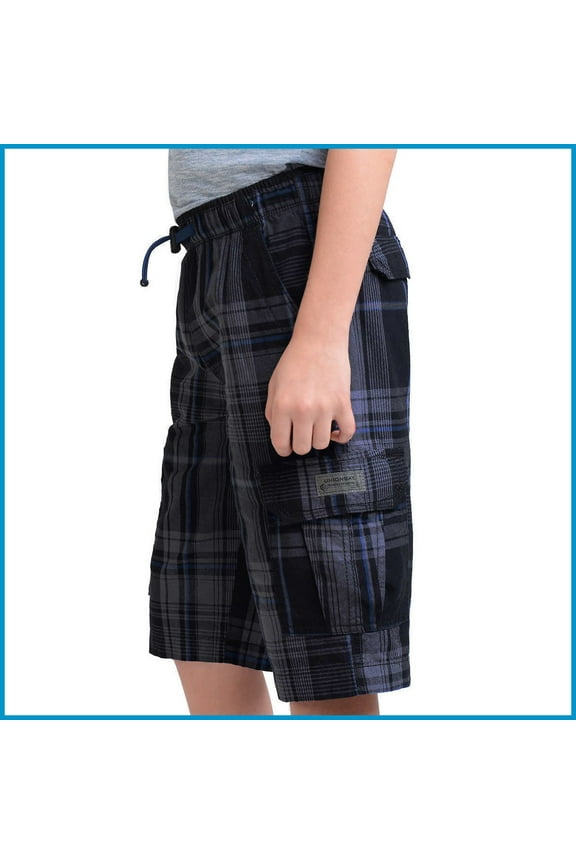 Boys' Lightweight Cargo Short Adjustable Waist 100% Cotton Pick Sizes (6,Black (Plaid))